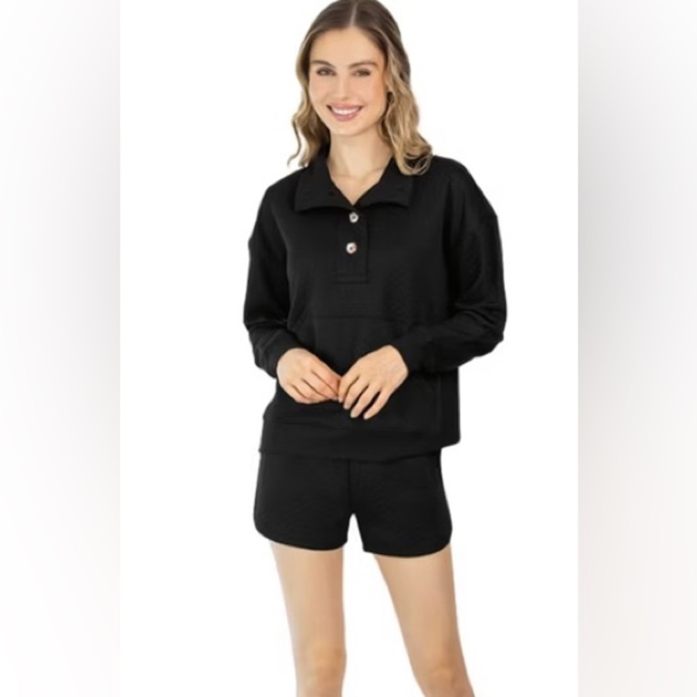 Woman’s 2pc Pajamas Set Quilted PJ Sleepwear Long Sleeve Top & Shorts New XL S